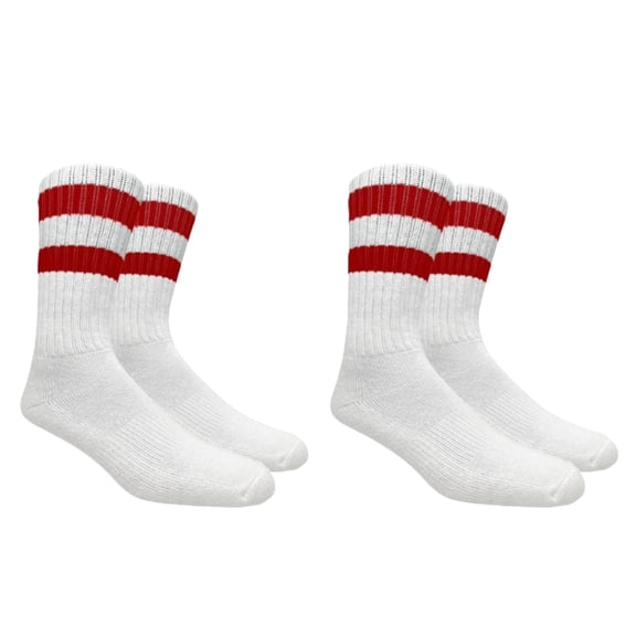 Couver Unisex Cushioned Striped Athletic Crew Socks 2-Pack White Red Size 9-11