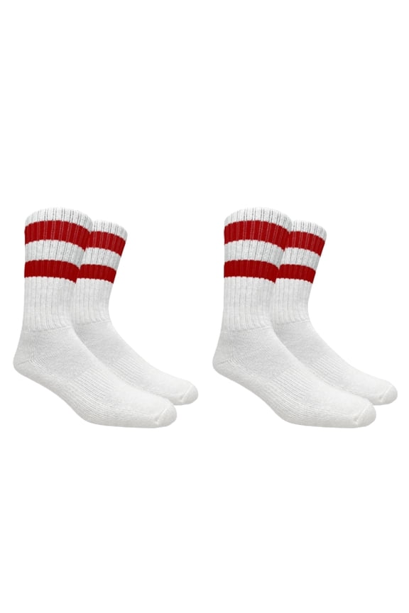 Unisex Cushioned Striped Athletic Crew Socks 2-Pack White Red Size 9-11