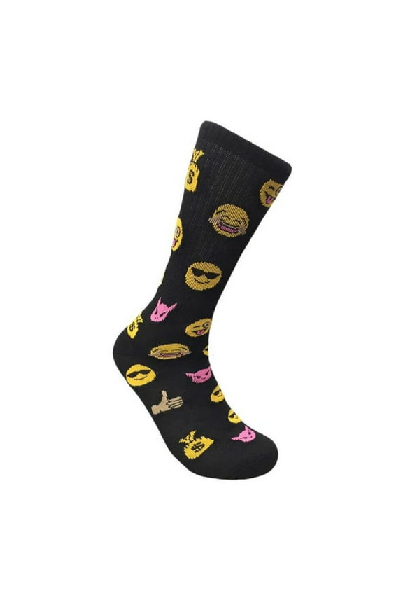 Unisex Emoji Print Soft Mid-Calf Cushioned Crew Socks, Black