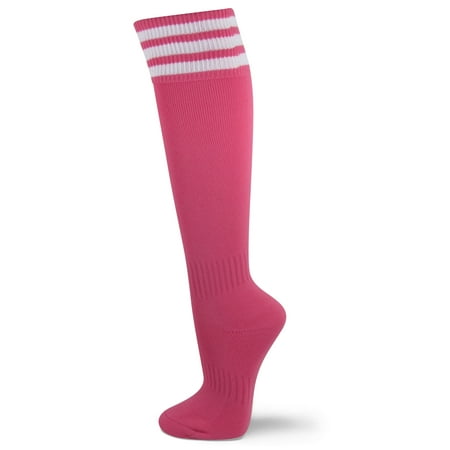 Couver Unisex Knee High Triple Stripe Youth Athletic Nylon Soccer Tube Socks - Bright Pink Youth Large