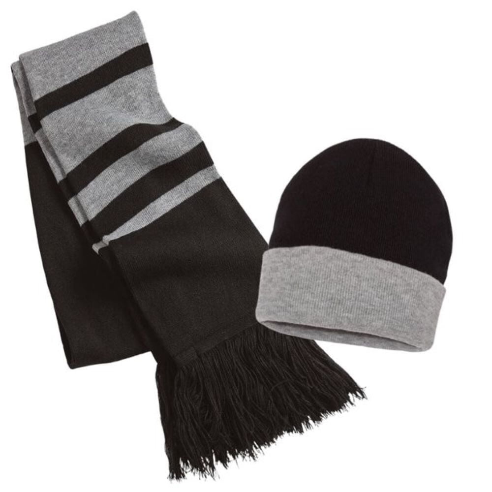 (Navy/White) Rugby & Scarf Striped Winter Collegiate Set, Hat Set Unisex Beanie Knit Couver 1