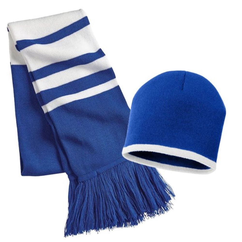Couver Unisex Knit & Rugby Set Set, Hat Beanie Striped Winter Collegiate (Navy/White) Scarf 1