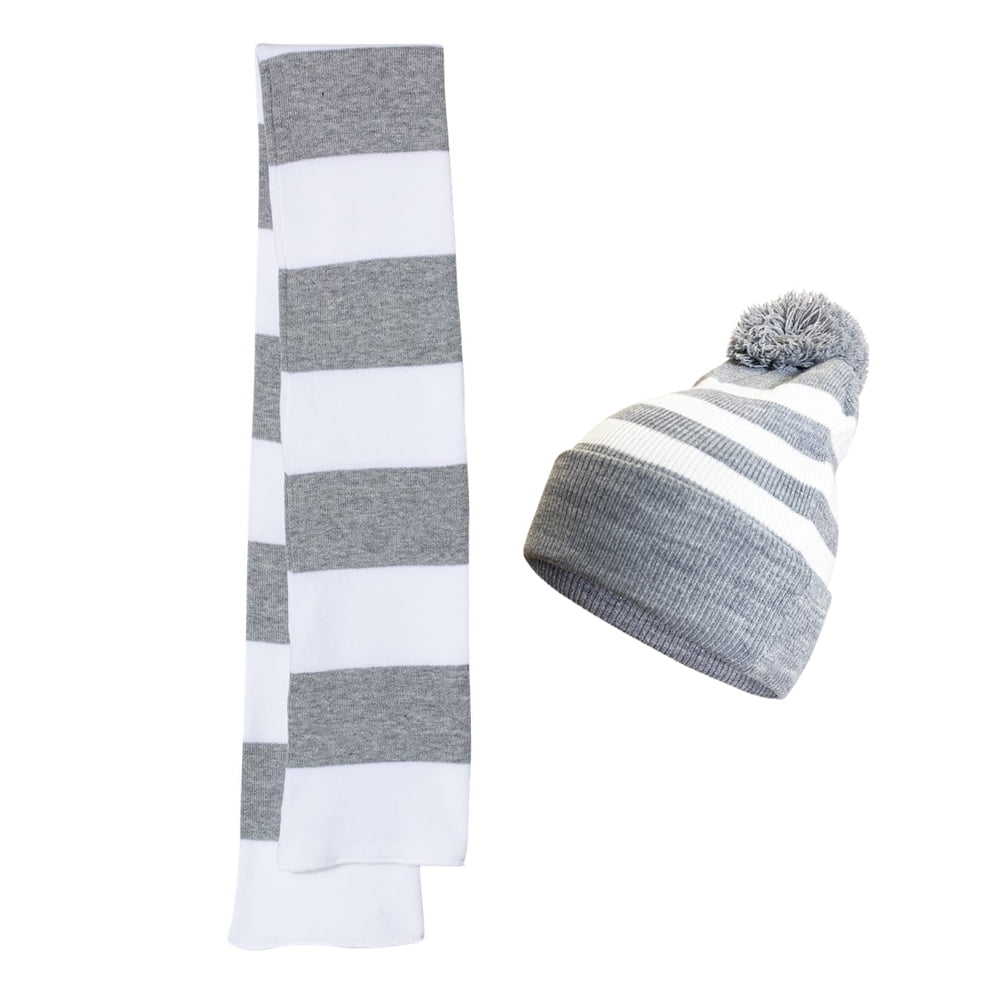Unisex Knit Winter Set Couver Hat Rugby Beanie (Navy/White) 1 Set, Striped & Collegiate Scarf