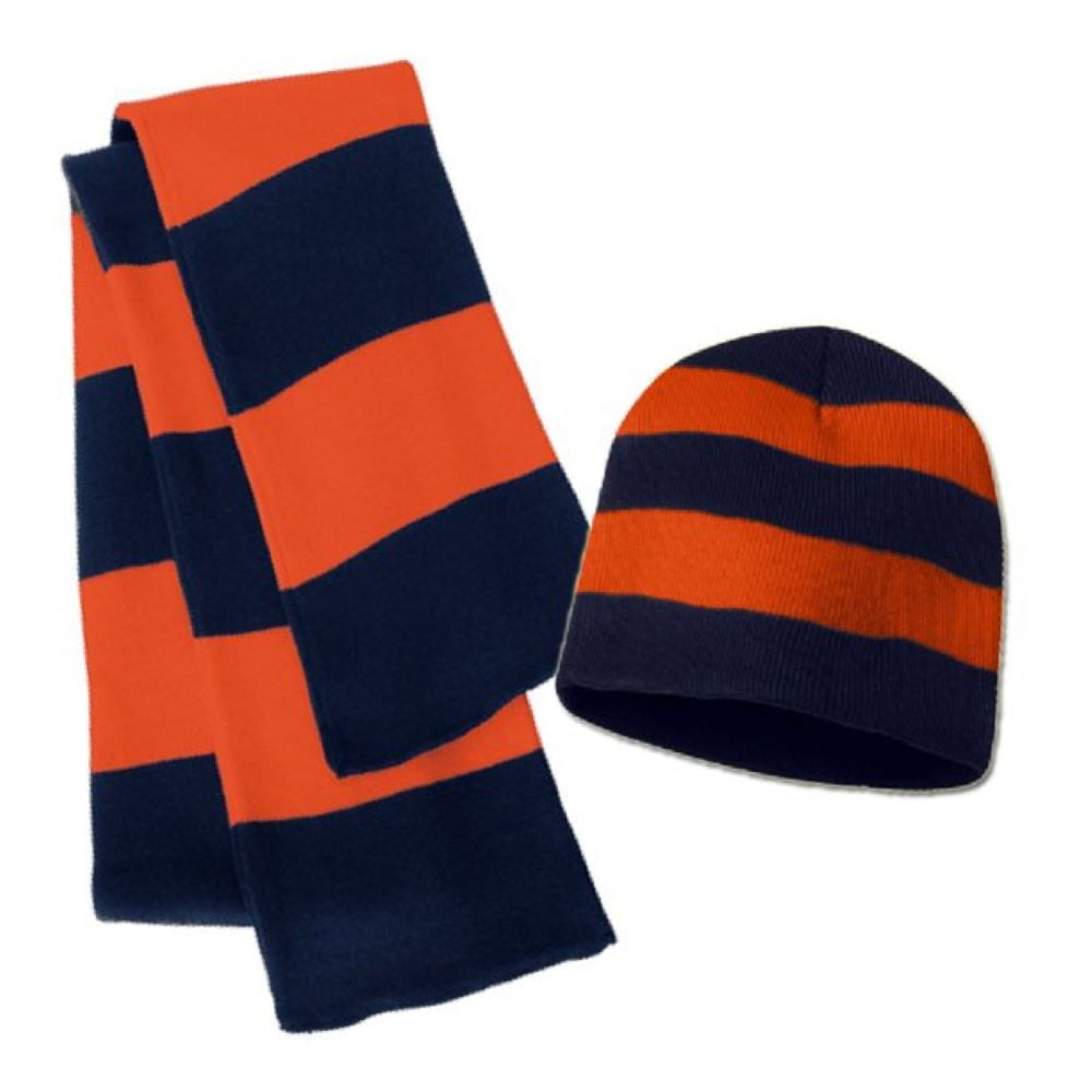 (Navy/White) Set, & Set Unisex Collegiate Rugby Knit Winter 1 Scarf Hat Striped Couver Beanie