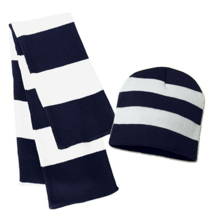 Winter Set Unisex Rugby Collegiate Knit Striped 1 Beanie Set, Scarf & Couver Hat (Navy/White)