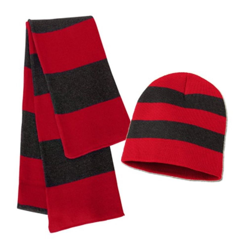Couver Unisex Knit Collegiate Rugby Striped Winter Scarf & Beanie Hat