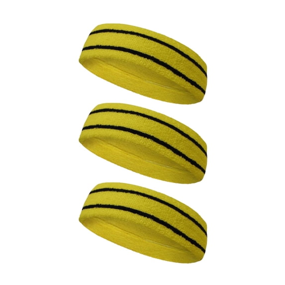 Couver Unisex Long Wide Terry Cloth Basketball Headband Two Stripe Design 3 Pack, Bright Yellow/2 Lines Black