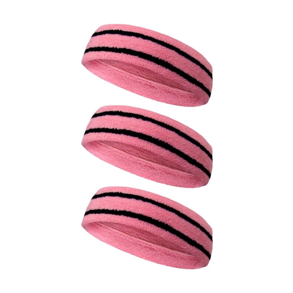 Couver Unisex Long Wide Terry Cloth Basketball Headband Two Stripe Design 3 Pack, Pink/2 Lines Black