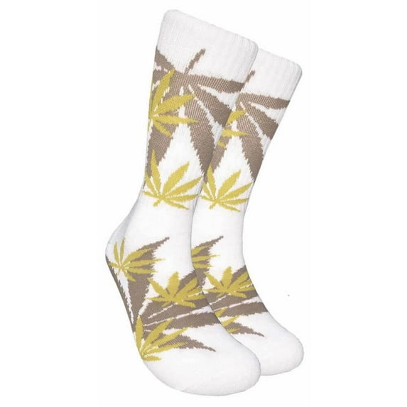Couver Unisex Maple Leaf Printed Warm Cotton Colorful Casual Athletic Crew Socks - White / Yellow / Brown, Size 10-13, 1 Pair