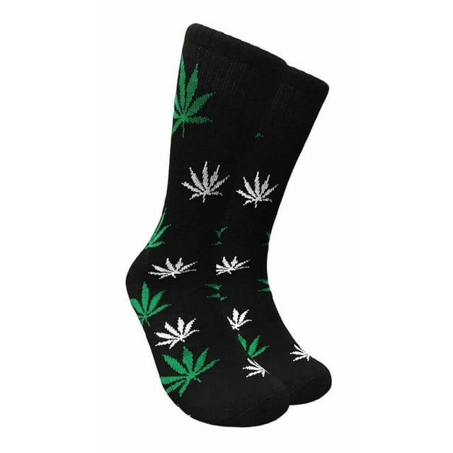 Couver Unisex Weed Leaf Printed Marijuana Mid-Calf Crew Socks (Black/Green/White)