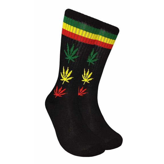 Couver Unisex Weed Leaf Printed Marijuana Mid-Calf Crew Socks (Black/Green/Yellow/Red)