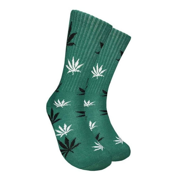 Couver Unisex Weed Leaf Printed Marijuana Mid-Calf Crew Socks (Dark Green/Black/White)