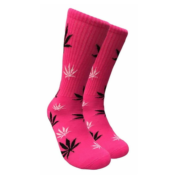 Couver Unisex Weed Leaf Printed Marijuana Mid-Calf Crew Socks (Hot Pink/Black/White)