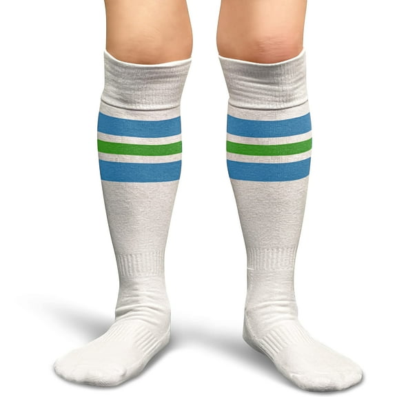 Couver Unisex White Triple Stripes Baseball Softball Athletic Tube Knee High Socks, Sky Blue / Bright Green Medium, 1 Pack