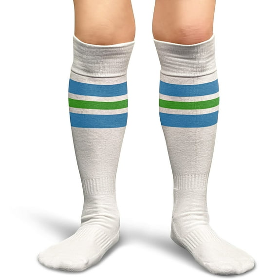 Couver Unisex White Triple Stripes Baseball Softball Athletic Tube Knee High Socks, Sky Blue / Bright Green Medium, 1 Pack