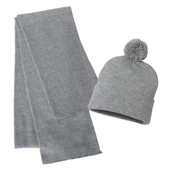 Couver Unisex Winter Sport Solid Soft Knit Acrylic Beanie Scarf Set with Pom Pom Beanie (Heather Grey)