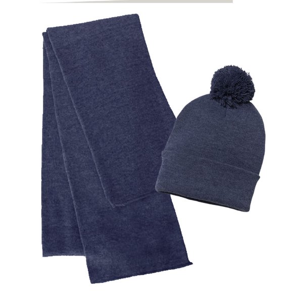 Couver Unisex Winter Sport Solid Soft Knit Acrylic Beanie Scarf Set with Pom Pom Beanie (Heather Navy)
