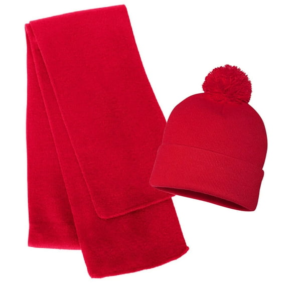 Couver Unisex Winter Sport Solid Soft Knit Acrylic Beanie Scarf Set with Pom Pom Beanie (Red)
