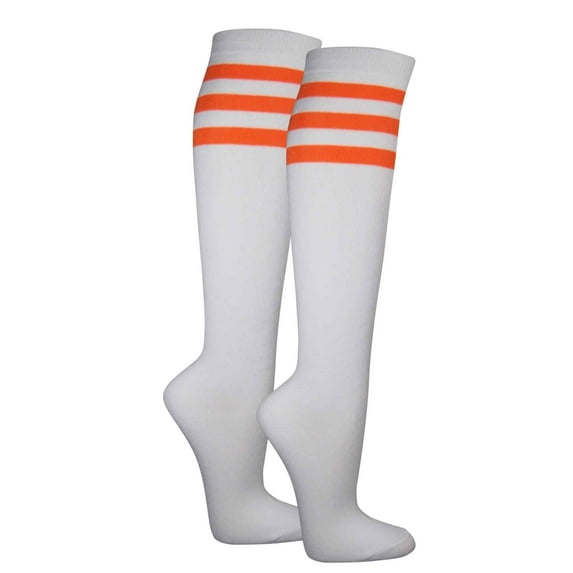 Couver Women's White Triple Striped Knee High Fashion Tube Cotton Socks, White / Bright Orange