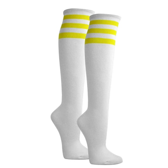 Couver Women's White Triple Striped Knee High Fashion Tube Cotton Socks, White / Bright Yellow