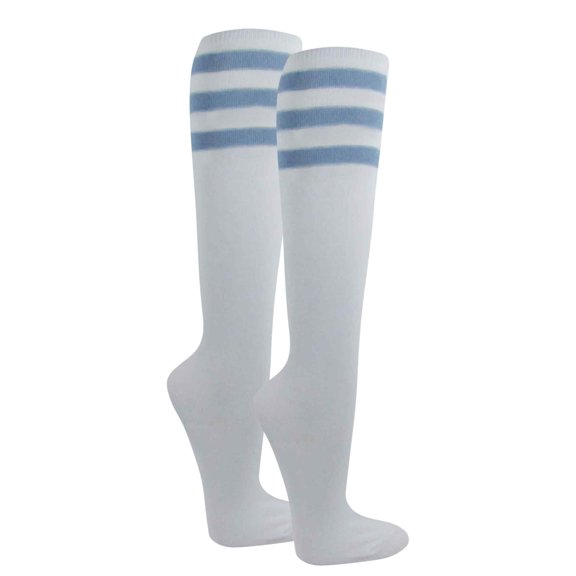 Couver Women's White Triple Striped Knee High Fashion Tube Cotton Socks, White / Carolina Blue