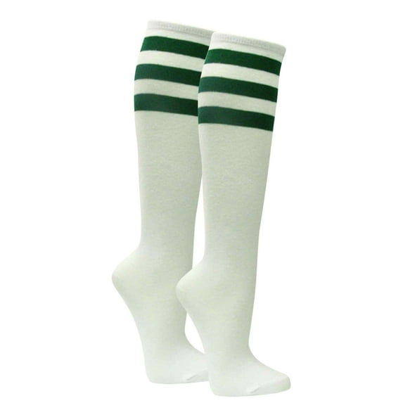 Couver Women's White Triple Striped Knee High Fashion Tube Cotton Socks, White / Dark Green