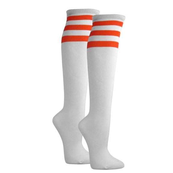 Couver Women's White Triple Striped Knee High Fashion Tube Cotton Socks, White / Dark Orange