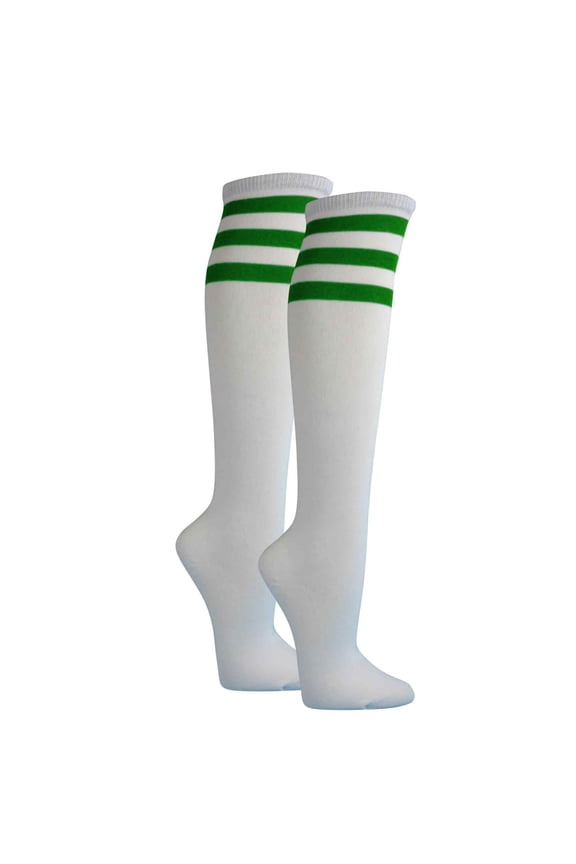 Women's White Triple Striped Knee High Fashion Tube Cotton Socks, White /GREEN