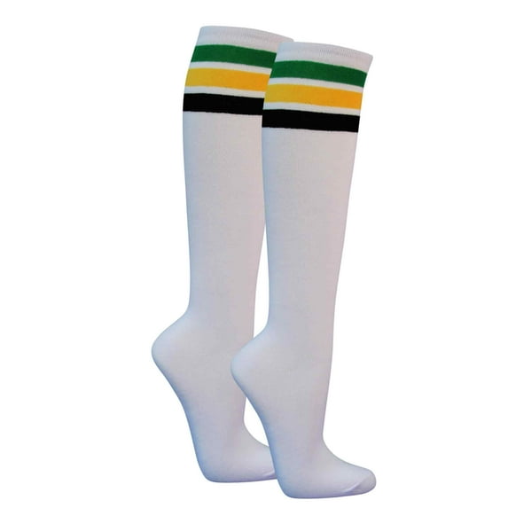 Couver Women's White Triple Striped Knee High Fashion Tube Cotton Socks, White / Green / Yellow / Black
