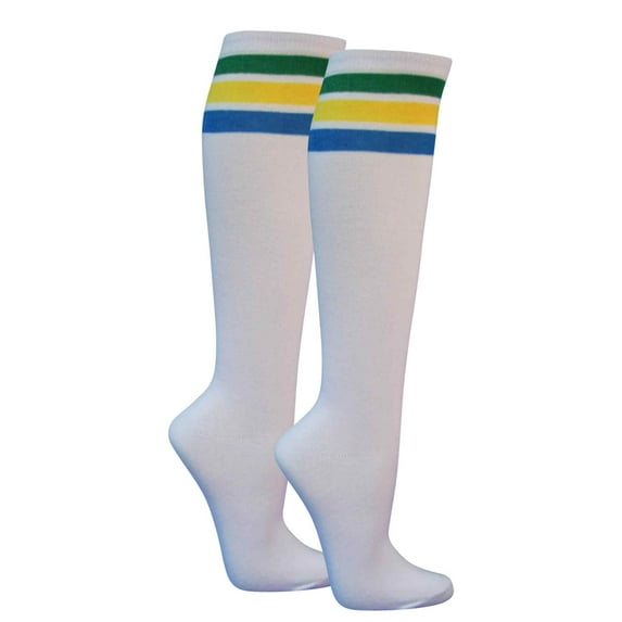 Couver Women's White Triple Striped Knee High Fashion Tube Cotton Socks, White / Green / Yellow / Bright Blue
