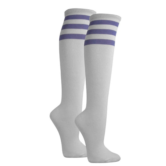 Couver Women's White Triple Striped Knee High Fashion Tube Cotton Socks, White / Laverder