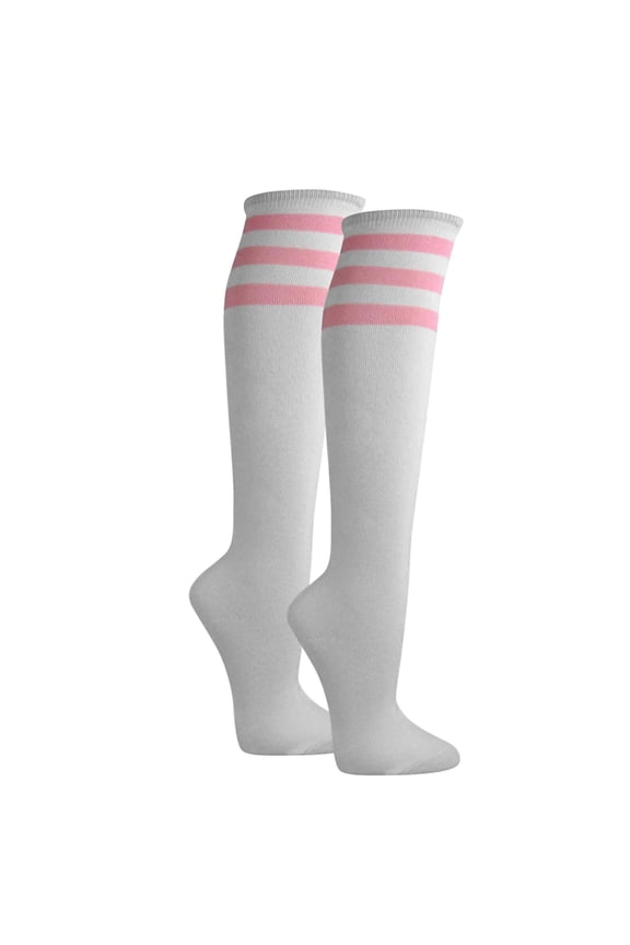 Women's White Triple Striped Knee High Fashion Tube Cotton Socks, White / Light Pink