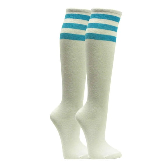 Couver Women's White Triple Striped Knee High Fashion Tube Cotton Socks, White / Sky Blue