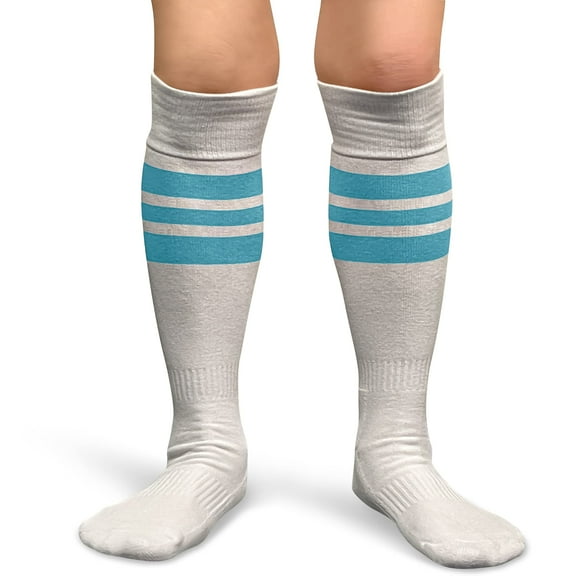 Couver White Triple Stripes Baseball Softball Athletic Tube Knee High Socks, Sky Blue Medium