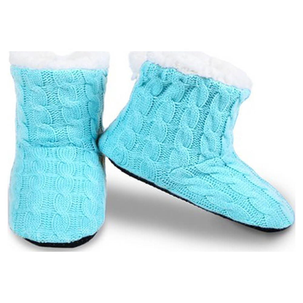 Couver Women Cable Knit Slippers House Booties Socks Soft Sherpa Lining Rubber Soles Caribbean Blue Medium Large 1 Pair