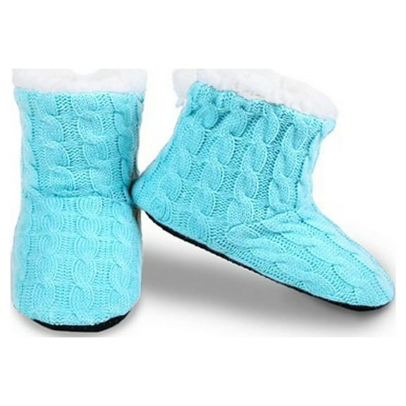 Couver Women Cable Knit Slippers House Booties Socks Soft Sherpa Lining Rubber Soles, Caribbean Blue, Small / Medium, 1 Pair