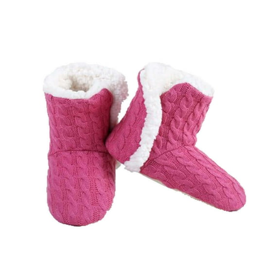 Couver Women Cable Knit Slippers House Booties Socks Soft Sherpa Lining Rubber Soles, Hot Pink, Small / Medium, 1 Pair