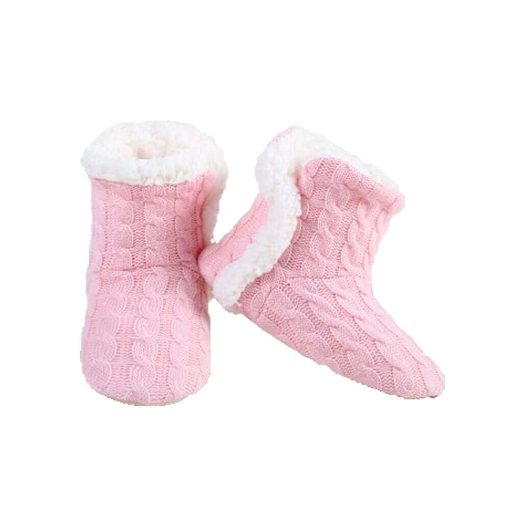 Couver Women Cable Knit Slippers House Booties Socks Soft Sherpa Lining Rubber Soles, Pink, Medium / Large, 1 Pair