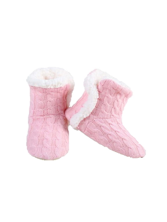 Women Cable Knit Slippers House Booties Socks Soft Sherpa Lining Rubber Soles, Pink, Small / Medium, 1 Pair