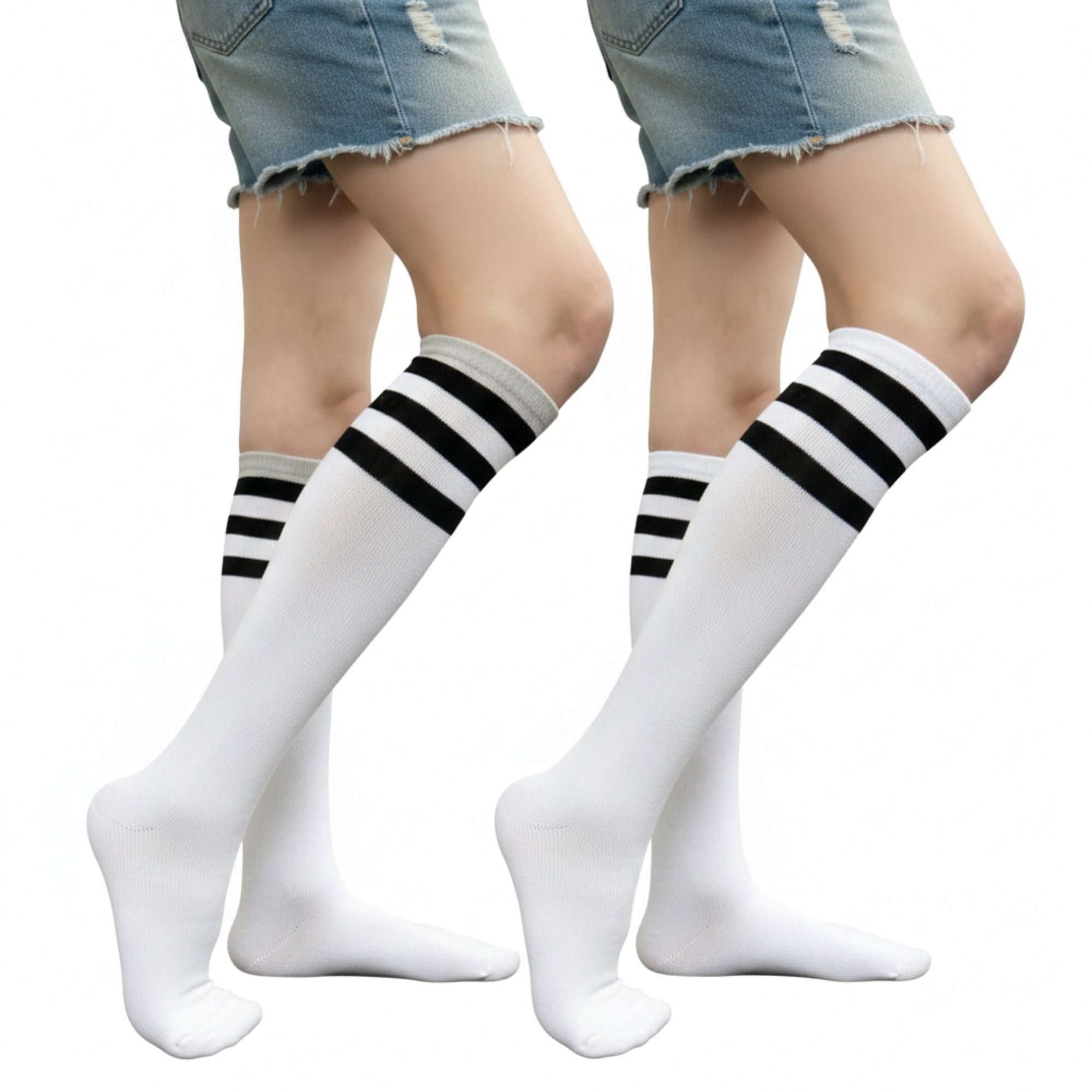 Couver Women's Athletic Knee High Socks 3 Stripes Cotton Blend White ...