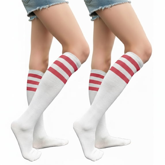 Couver Women's Athletic Knee High Socks 3 Stripes Cotton Blend White Bright Pink 2 Pairs Size 9-11