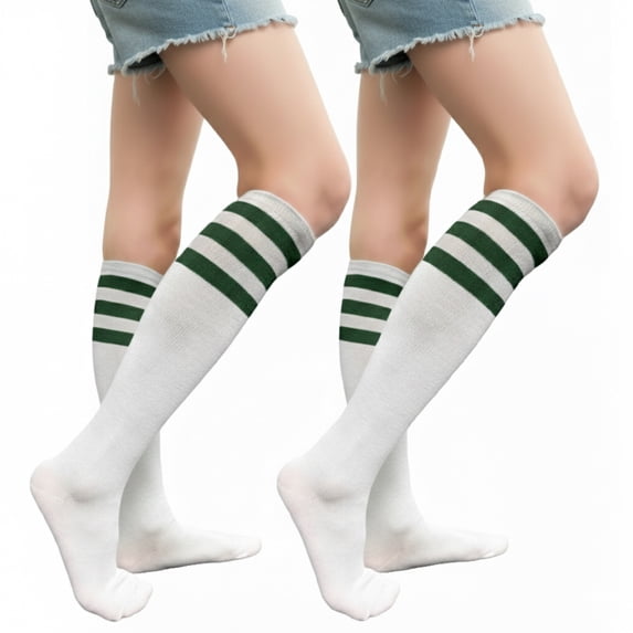 Couver Women's Athletic Knee High Socks 3 Stripes Cotton Blend White Dark Green 2 Pairs Size 9-11