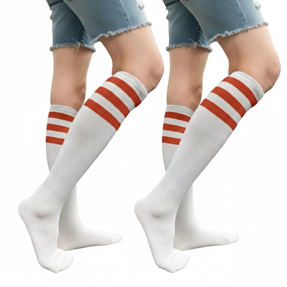Couver Women's Athletic Knee High Socks 3 Stripes Cotton Blend White Dark Orange 2 Pairs Size 9-11