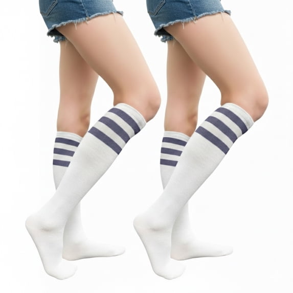 Couver Women's Athletic Knee High Socks 3 Stripes Cotton Blend White Lavender 2 Pairs Size 9-11