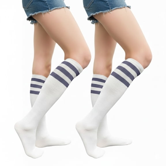 Couver Women's Athletic Knee High Socks 3 Stripes Cotton Blend White Lavender 2 Pairs Size 9-11