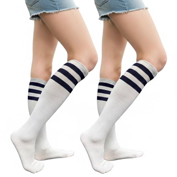 Couver Women's Athletic Knee High Socks 3 Stripes Cotton Blend White Navy 2 Pairs Size 9-11