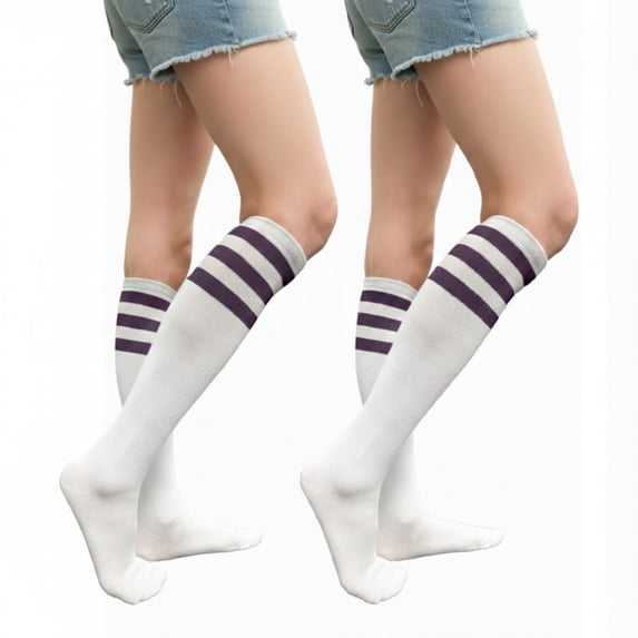 Couver Women's Athletic Knee High Socks 3 Stripes Cotton Blend White Purple 2 Pairs Size 9-11
