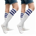 thumbnail image 1 of Couver Women's Athletic Knee High Socks 3 Stripes Cotton Blend White Blue 2 Pairs Size 9-11, 1 of 8