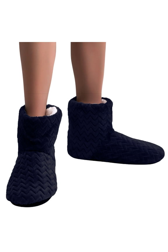 Women Solid Color Super Soft Cozy House Booties Socks Slippers w/ Sherpa Lining, Navy, Medium / Large, 1 Pair