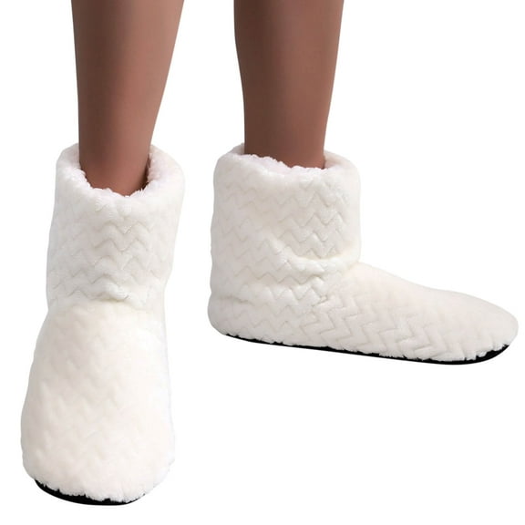 Couver Women Solid Color Super Soft Cozy House Booties Socks Slippers w/ Sherpa Lining, White, Medium / Large, 1 Pair